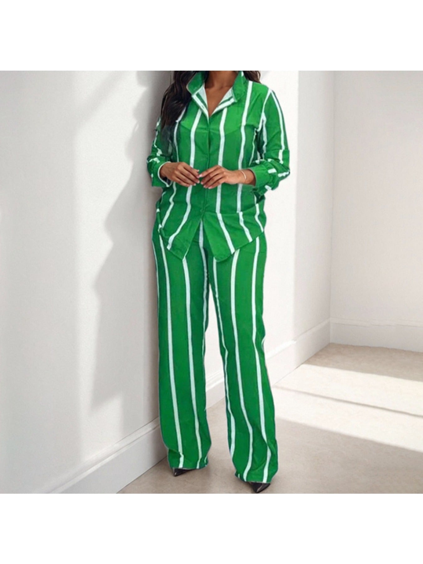 Spring New European and American Women'S Printed Striped Shirt Top Pants Set for Women, Spring Fashion, Summer Wardrobe, Striped Design, Trendy Set, Quality Stitching, Comfortable Fit, Women'S Pantsuit, Ladie Trouser Suit For