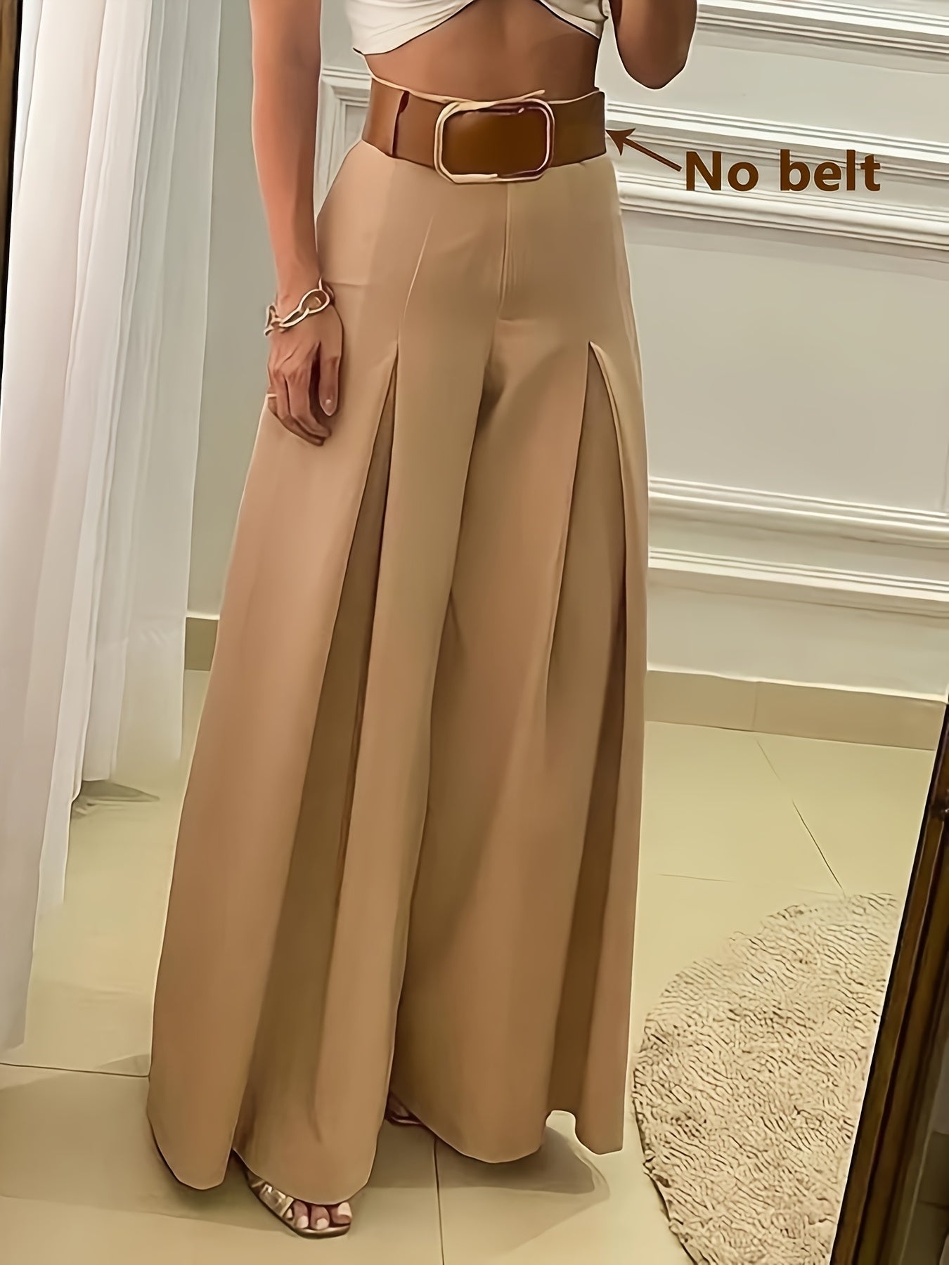 Women'S Elegant Wide-Leg Pants - No Belt Needed, All-Season Formal & Casual Trousers, Beige/Neutral Colors for Everyday & Special Occasions - Office, Party, Wedding Attire - Non-Belted Bottoms, Party Attire, Sophisticated Sty