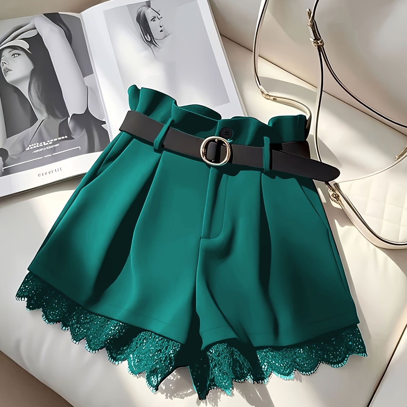 Women'S Elegant Black Lace Trim Skirt Shorts - High-Waisted Pleated Design with Golden Button Belt, Non-Stretch Fabric, Green Skirt For Women, Green Skirt, Elegant Woman Short, Woman Short Skirt, Women Shorts, Women Short, El