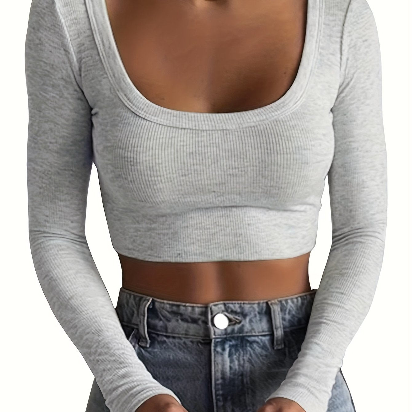 All-Season Chic Scoop Neck Crop Top – Slim & Stylish Long Sleeve, Solid Color, Easy-Care Rib-Knit Tee for Women