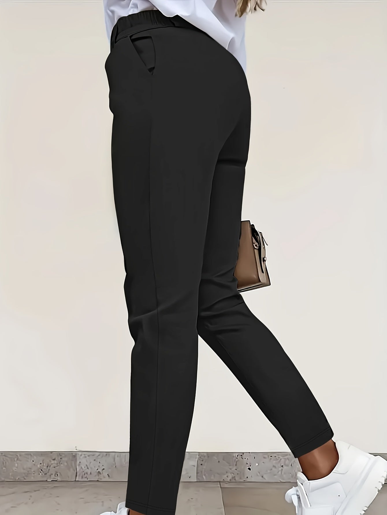 Women'S Navy Blue Straight-Leg Pants - Double-Buckle Closure, Non-Stretch Office & Casual Trousers, Formal to Semi-Formal Pants for Everyday & Special Occasions, All-Season Professional & Everyday Pants (Spring/Fall/Summer) -