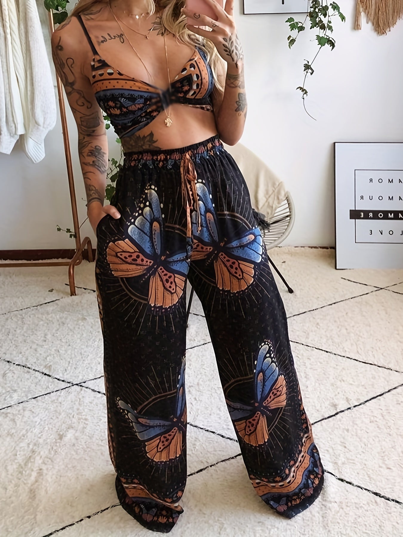 two-piece Sexy Butterfly Print Halter Top & Wide Leg Pants Set, Women's Crop Top and Pants Outfit