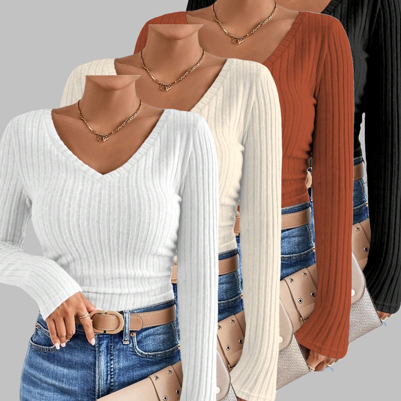 Plus Size, 4pcs Women's Plus Size Oversized V-Neck Sweater Set - Longline Tunic Tops with Semi-Sheer Layering, Solid Color Coats in White, Black, Brown, Orange | Stretchy Fabric, Machine Washable, Spring/Fall Winter Casual to