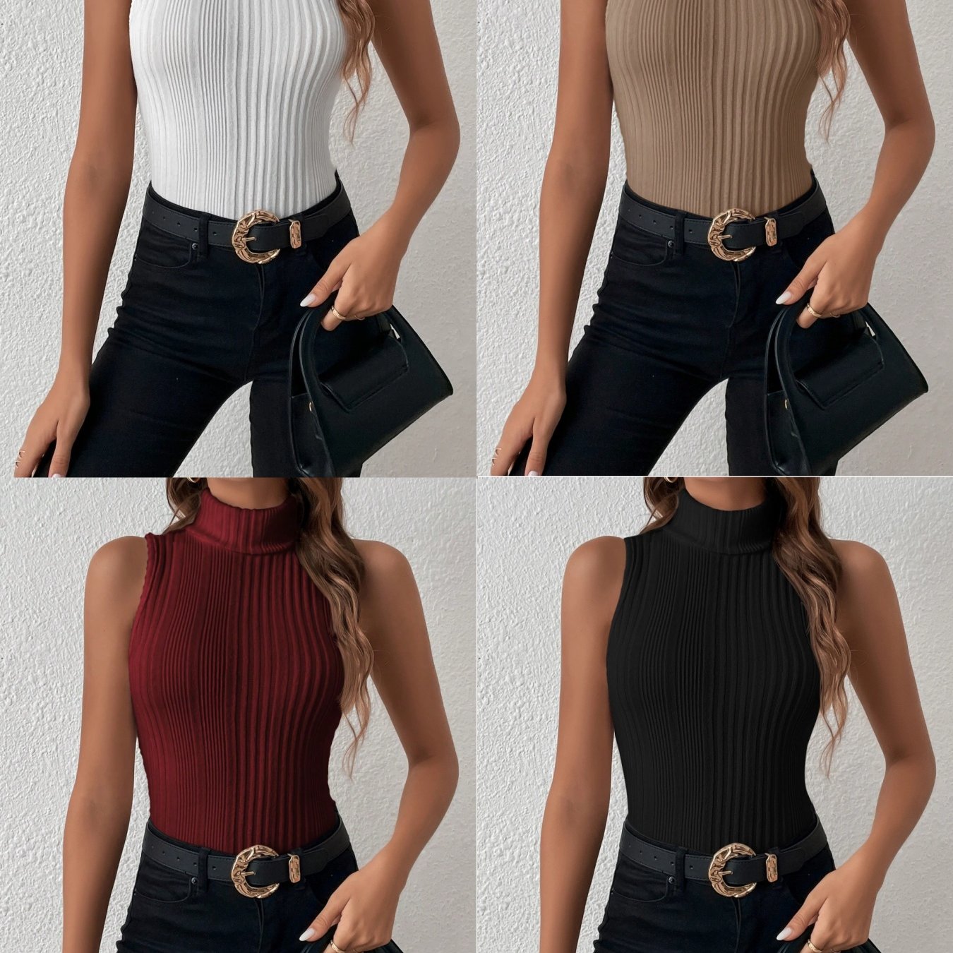 4 Colors Women's Elegant Turtleneck Tops 4pcs Set - Solid White//Beige/Black High-Neck Shirts, Versatile Layering Blouses for Spring Summer Fall, Casual & Formal Wear, Machine Washable (No Bulk), Tops For Women, High Neck Top