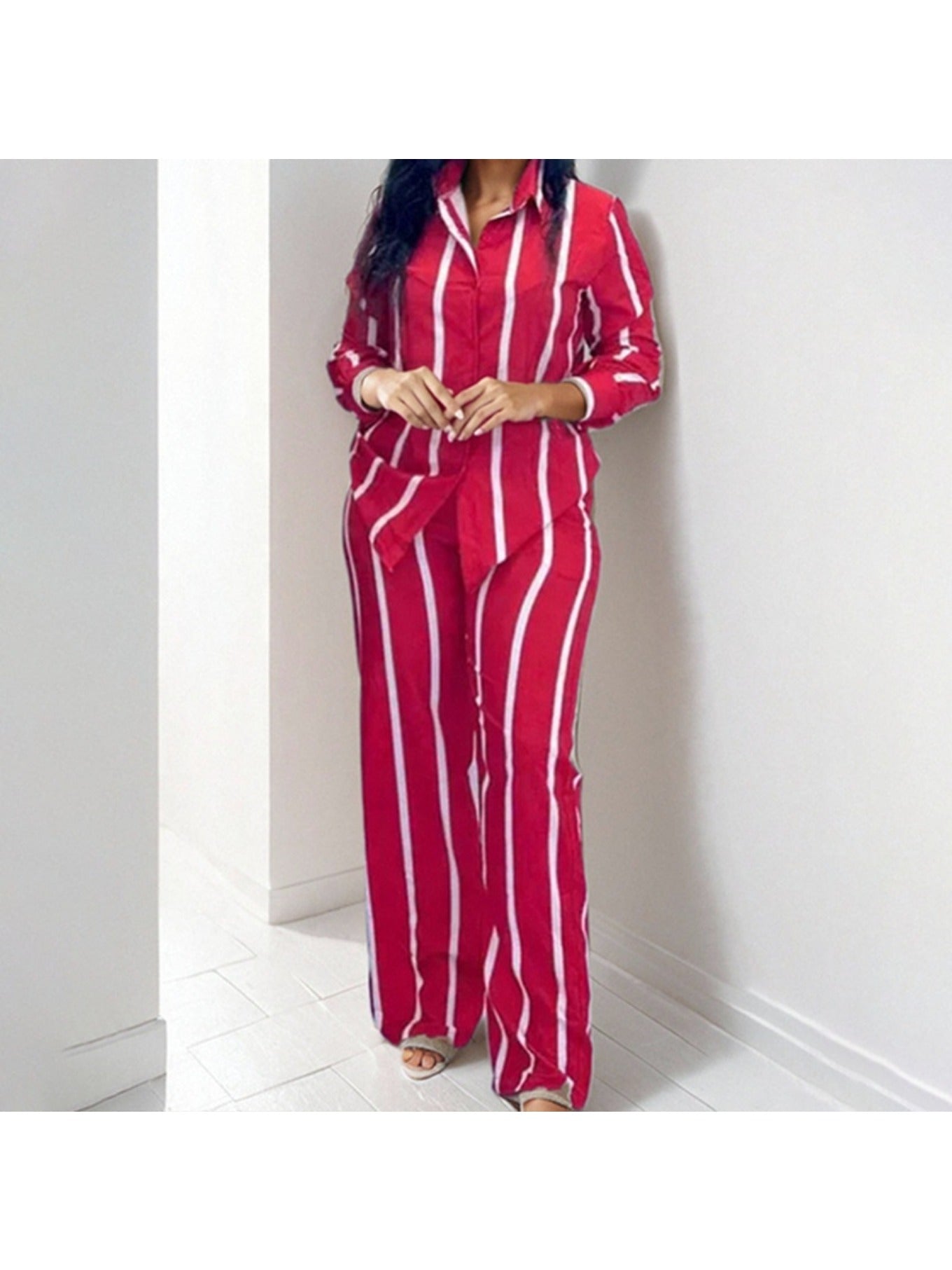 Spring New European and American Women'S Printed Striped Shirt Top Pants Set for Women, Spring Fashion, Summer Wardrobe, Striped Design, Trendy Set, Quality Stitching, Comfortable Fit, Women'S Pantsuit, Ladie Trouser Suit For