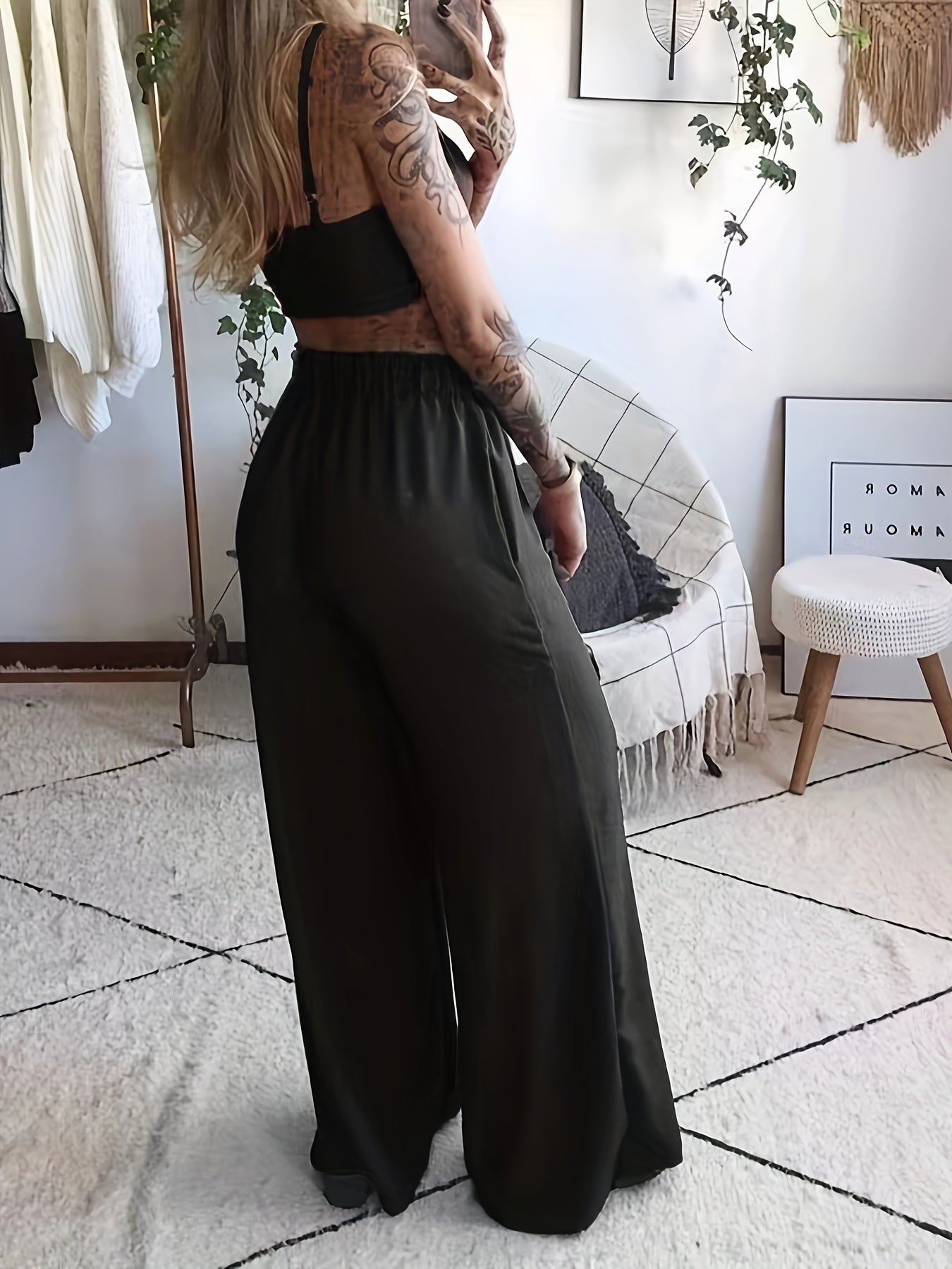 two-piece Sexy Butterfly Print Halter Top & Wide Leg Pants Set, Women's Crop Top and Pants Outfit