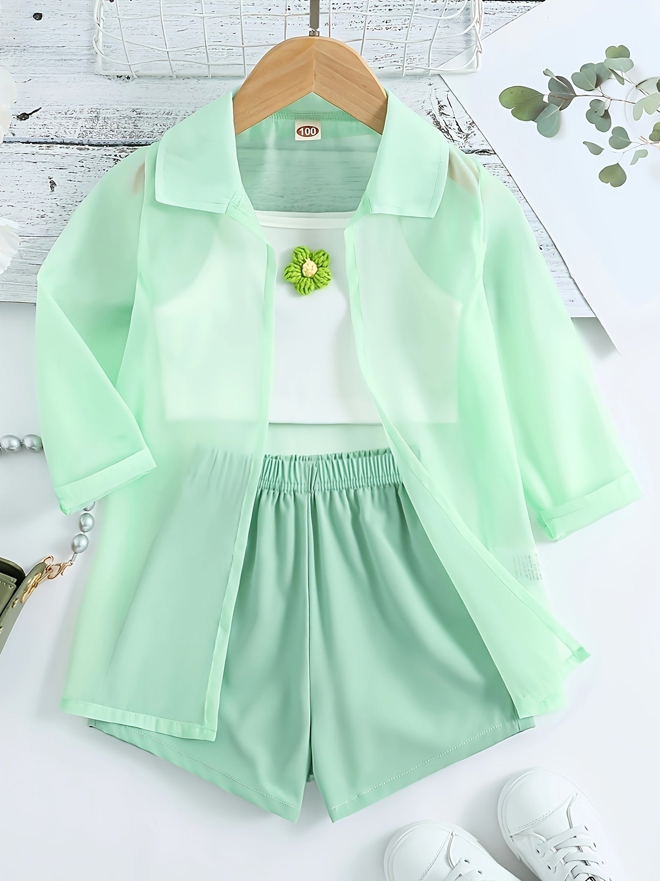 3 Pcs Ultra Thin Long Sleeve Semi-Sheer Shirt & Cami Crop Top & Shorts, Three-piece Shorts Set For Girls