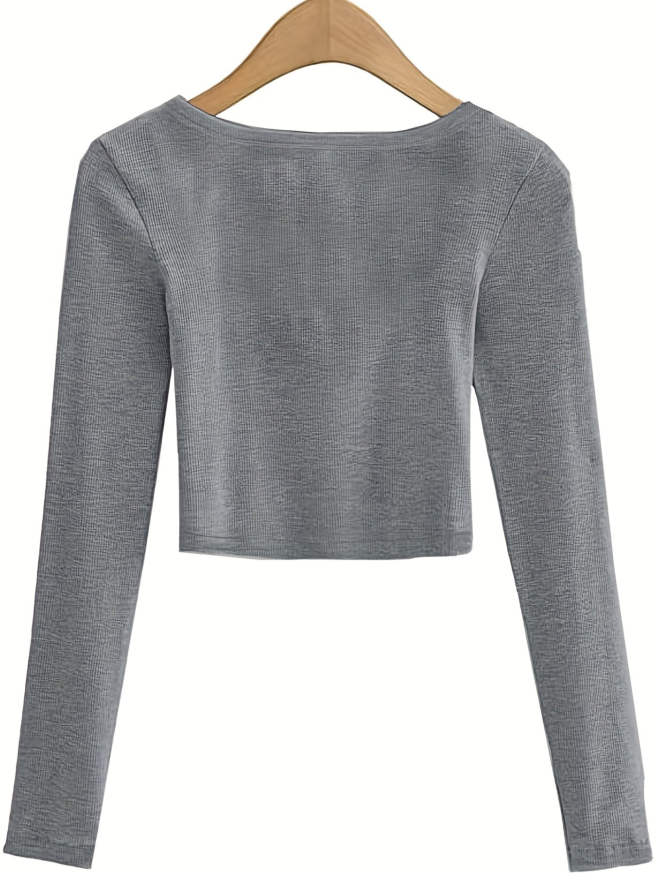 All-Season Chic Scoop Neck Crop Top – Slim & Stylish Long Sleeve, Solid Color, Easy-Care Rib-Knit Tee for Women