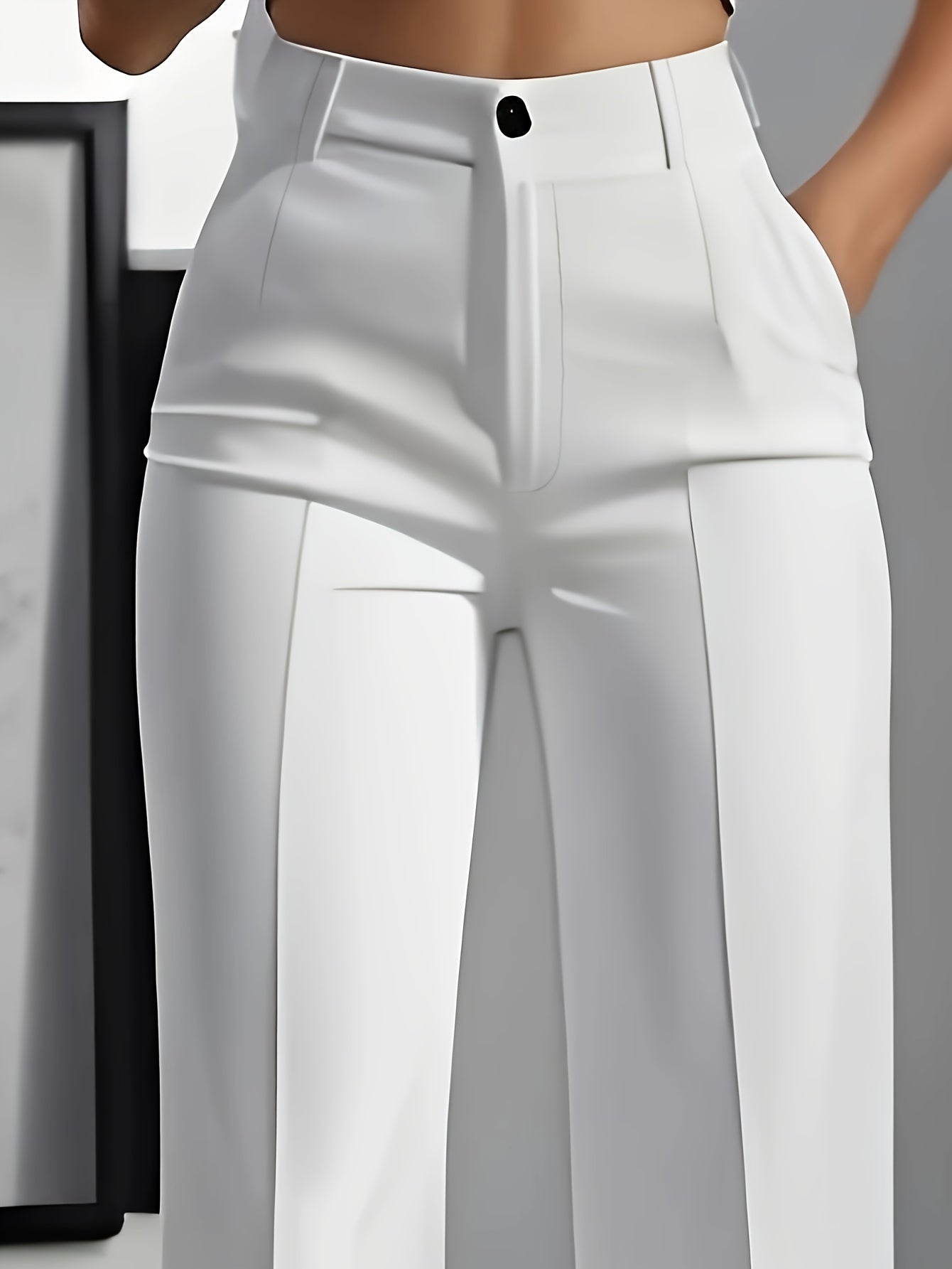 Women'S Elegant White Pants - Formal and Casual, Button Closure, Non-Stretch Fabric, Suitable for Office, Party, Casual Attire - Professional High-Waisted Trousers, Classic Design, Exquisite Tailoring, Essential Fashion Botto