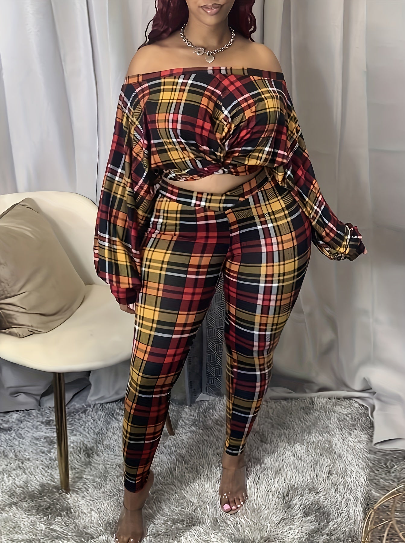 Plus Size Sexy Outfits Set, Women's Plus Plaid Print Twist Front Off Shoulder Long Sleeve Crop Top & Leggings Outfits Two Piece Set