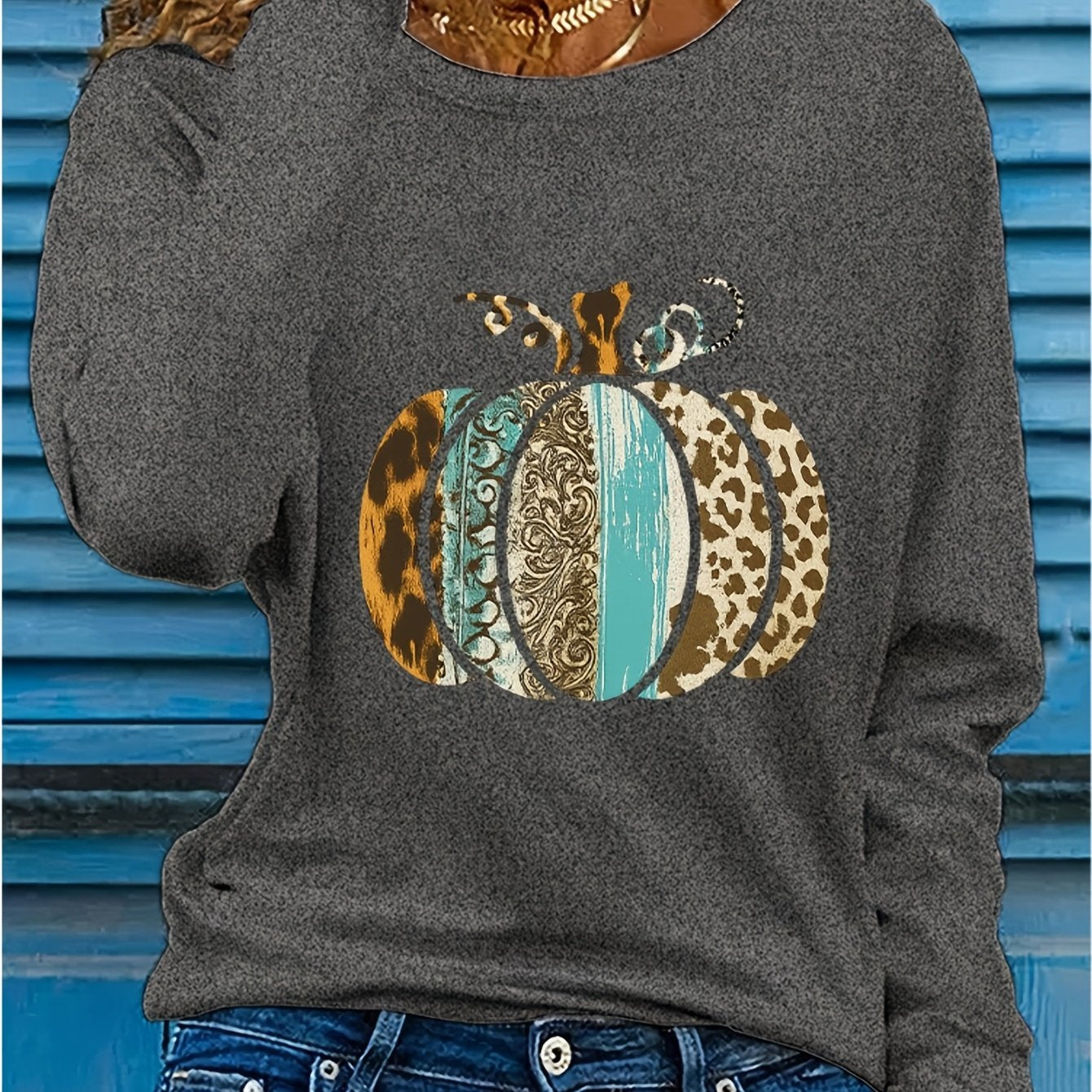 Women's Pumpkin Print Crew Neck Long Sleeve T-Shirt - Turquoise Blue & Golden Pumpkin Patch Design with Leopard Spot Accent, Casual Fall/Spring Top (Sizes S-2XL) | Pumpkin Season Outfits, Jeans Pairing, Machine Washable Layer