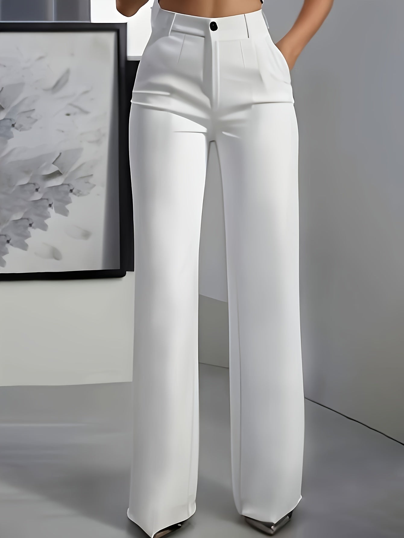 Women'S Elegant White Pants - Formal and Casual, Button Closure, Non-Stretch Fabric, Suitable for Office, Party, Casual Attire - Professional High-Waisted Trousers, Classic Design, Exquisite Tailoring, Essential Fashion Botto