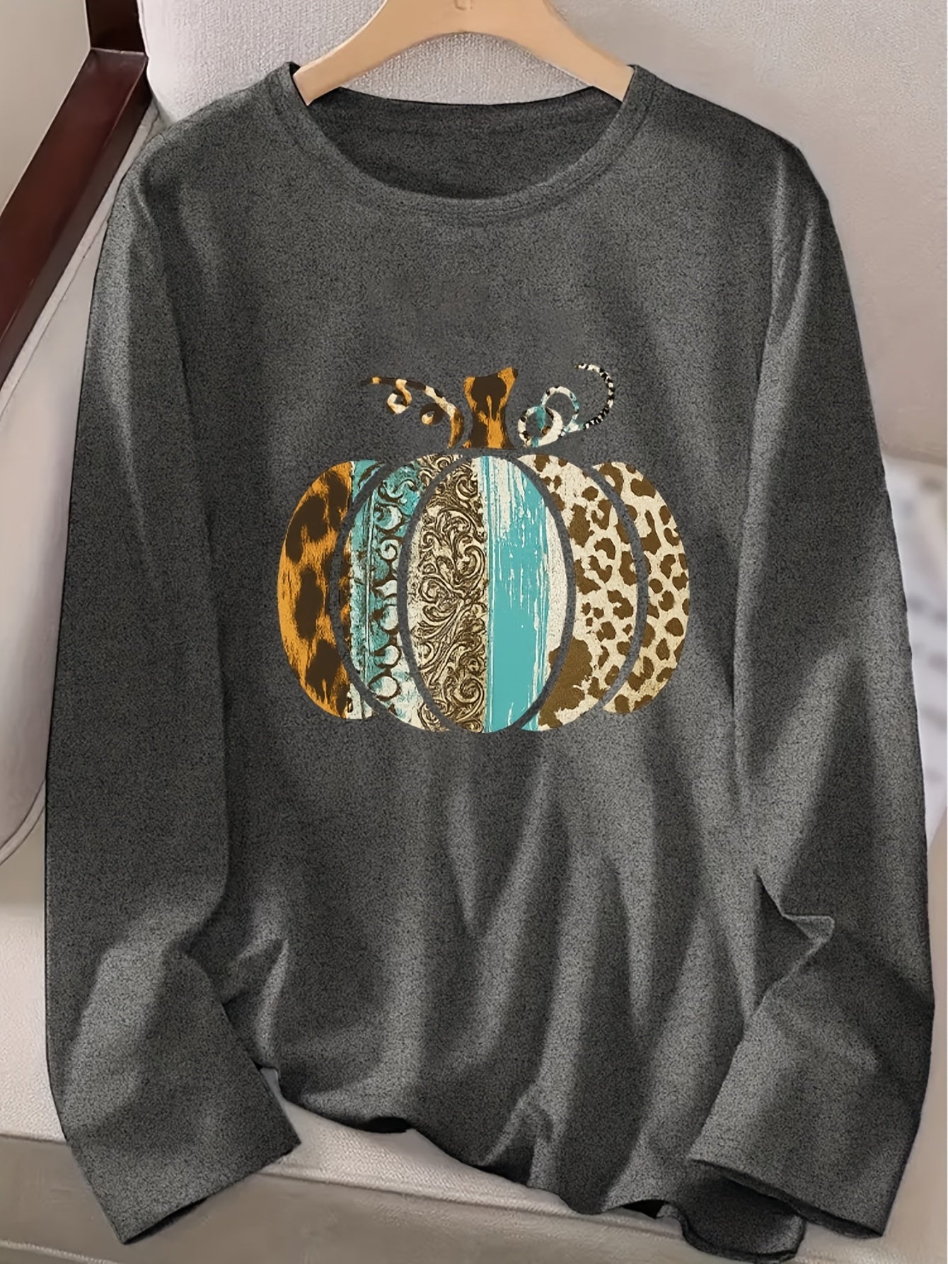 Women's Pumpkin Print Crew Neck Long Sleeve T-Shirt - Turquoise Blue & Golden Pumpkin Patch Design with Leopard Spot Accent, Casual Fall/Spring Top (Sizes S-2XL) | Pumpkin Season Outfits, Jeans Pairing, Machine Washable Layer