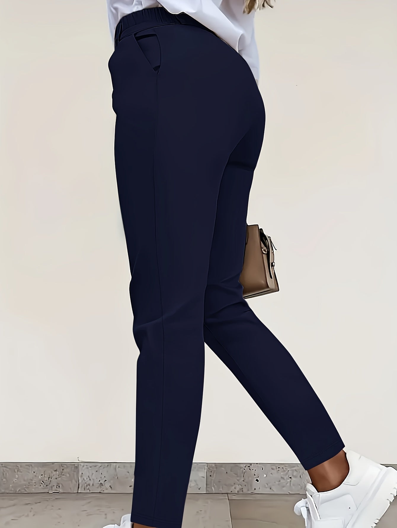 Women'S Navy Blue Straight-Leg Pants - Double-Buckle Closure, Non-Stretch Office & Casual Trousers, Formal to Semi-Formal Pants for Everyday & Special Occasions, All-Season Professional & Everyday Pants (Spring/Fall/Summer) -