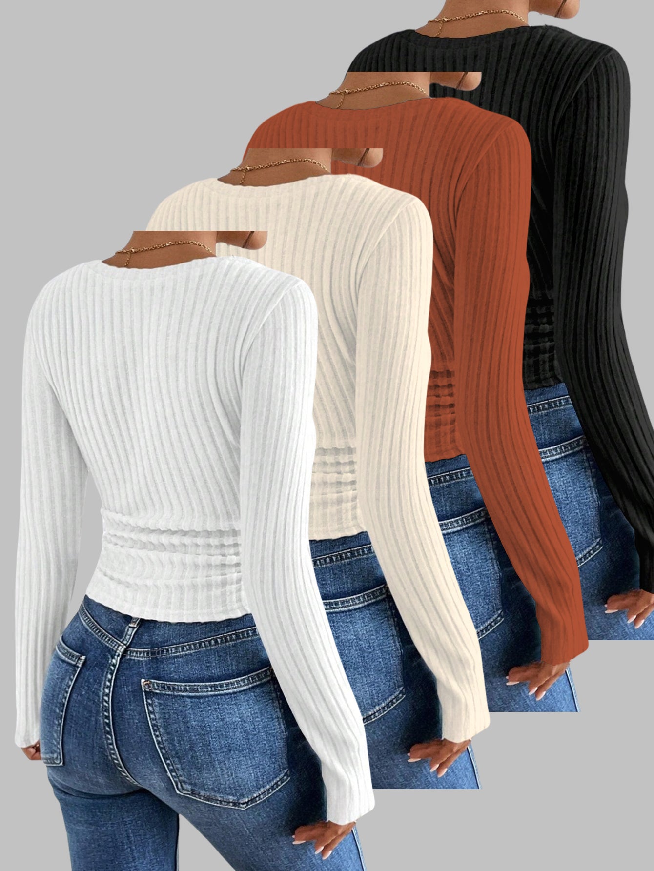 Plus Size, 4pcs Women's Plus Size Oversized V-Neck Sweater Set - Longline Tunic Tops with Semi-Sheer Layering, Solid Color Coats in White, Black, Brown, Orange | Stretchy Fabric, Machine Washable, Spring/Fall Winter Casual to