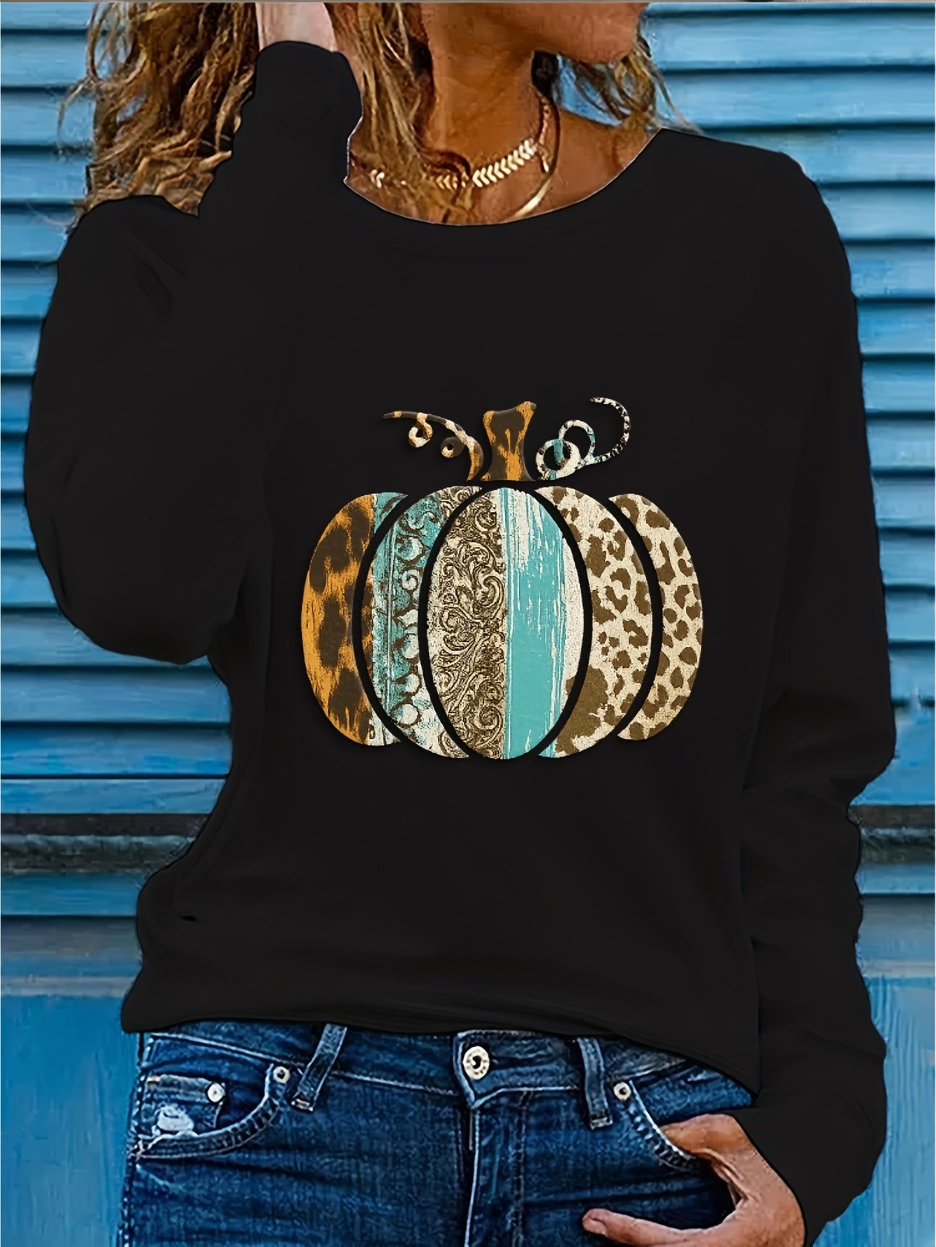 Women's Pumpkin Print Crew Neck Long Sleeve T-Shirt - Turquoise Blue & Golden Pumpkin Patch Design with Leopard Spot Accent, Casual Fall/Spring Top (Sizes S-2XL) | Pumpkin Season Outfits, Jeans Pairing, Machine Washable Layer