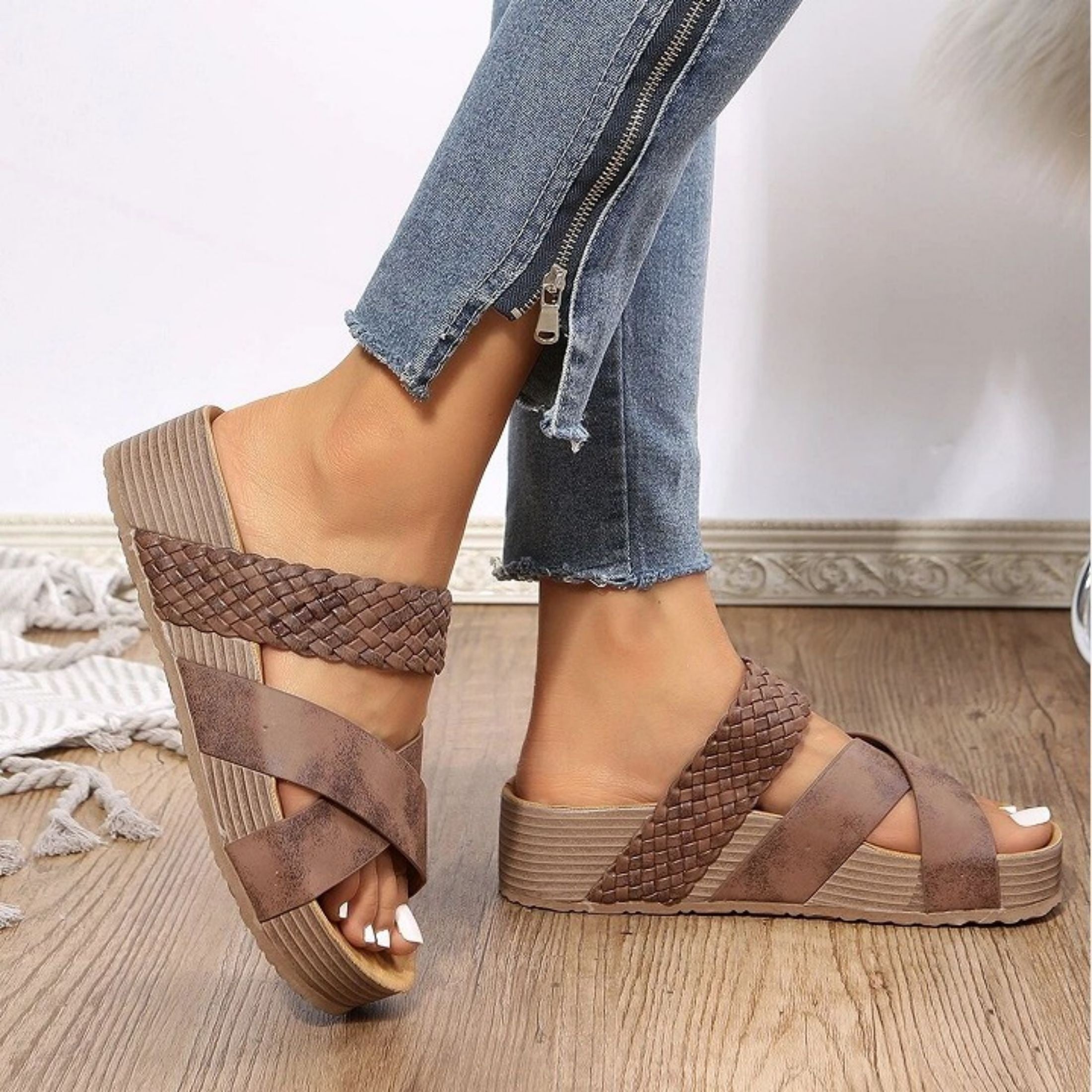 Women Sandals New Thick Bottom Braided Cross Casual Solid Color Slippers Beach Sandals