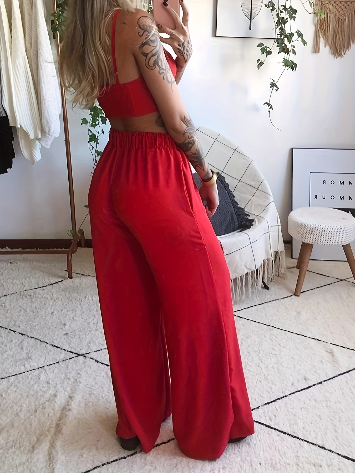 two-piece Sexy Butterfly Print Halter Top & Wide Leg Pants Set, Women's Crop Top and Pants Outfit