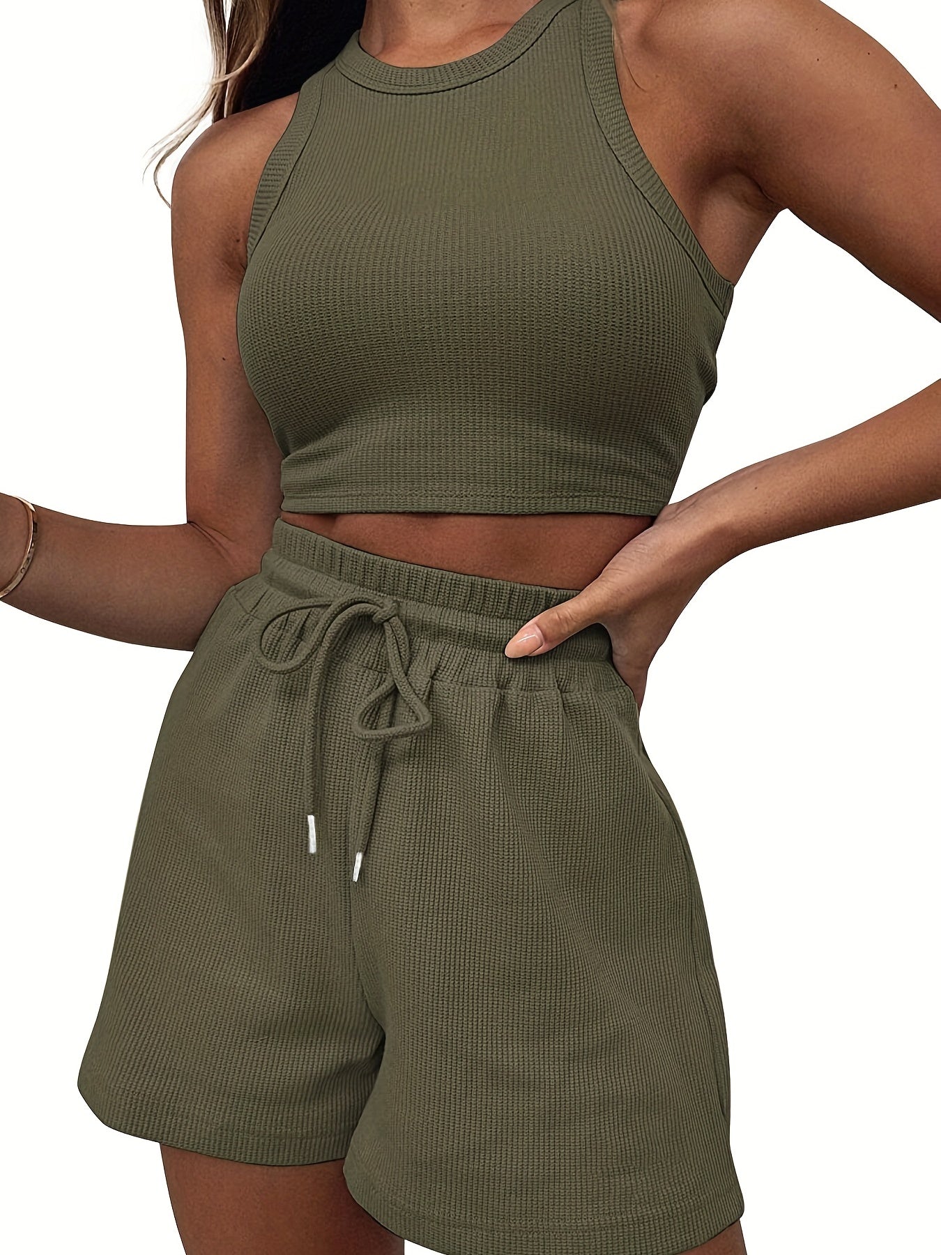 2-Piece Women's Casual Sportswear Set - Comfy Ribbed-Knit Crop Top & Adjustable Drawstring Shorts - Versatile Sleeveless Outfit for Outdoor Activities