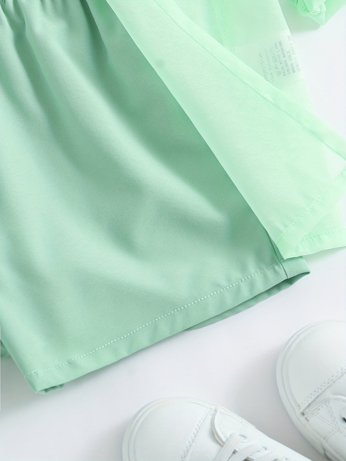 3 Pcs Ultra Thin Long Sleeve Semi-Sheer Shirt & Cami Crop Top & Shorts, Three-piece Shorts Set For Girls