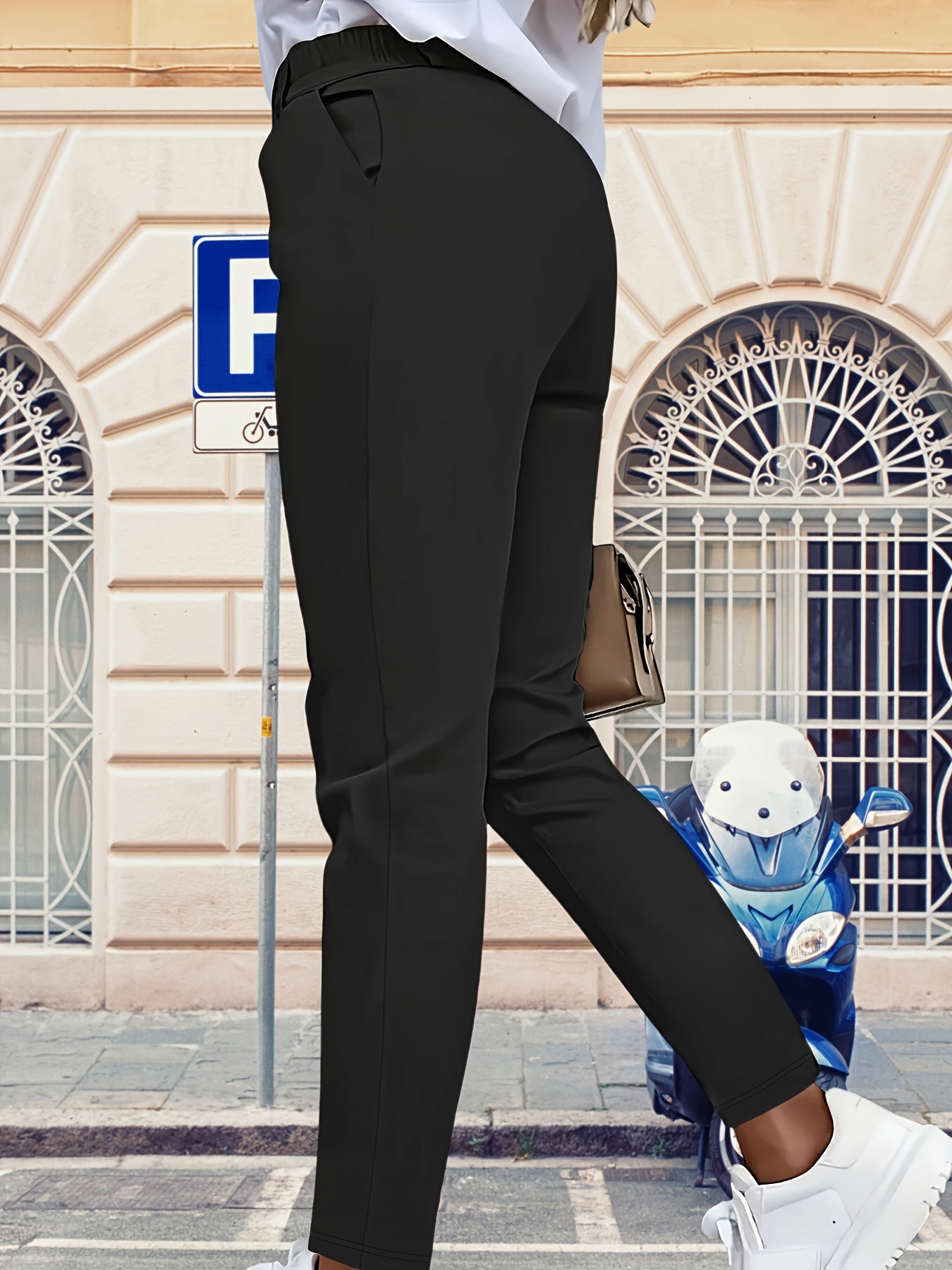 Women'S Navy Blue Straight-Leg Pants - Double-Buckle Closure, Non-Stretch Office & Casual Trousers, Formal to Semi-Formal Pants for Everyday & Special Occasions, All-Season Professional & Everyday Pants (Spring/Fall/Summer) -