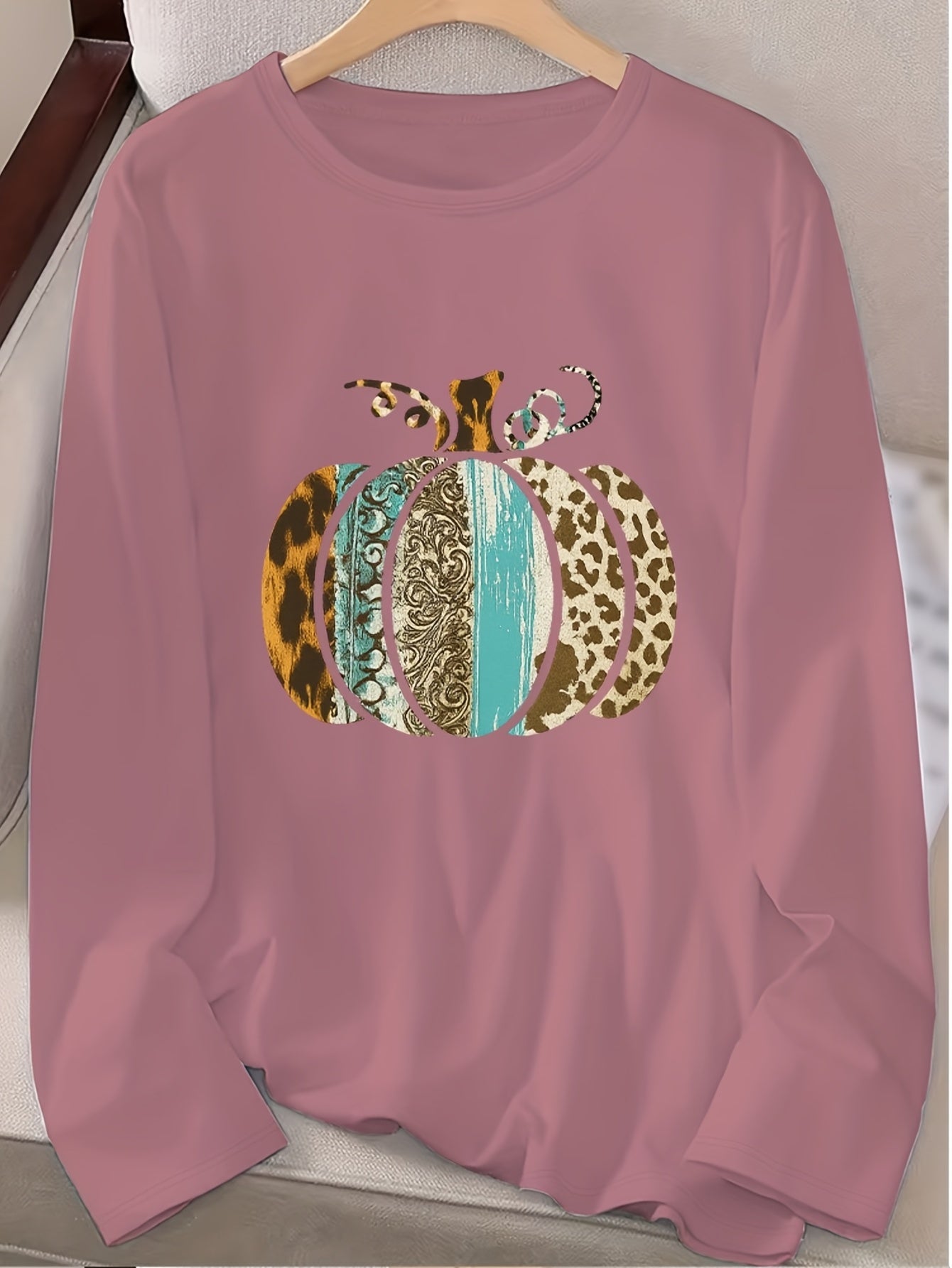 Women's Pumpkin Print Crew Neck Long Sleeve T-Shirt - Turquoise Blue & Golden Pumpkin Patch Design with Leopard Spot Accent, Casual Fall/Spring Top (Sizes S-2XL) | Pumpkin Season Outfits, Jeans Pairing, Machine Washable Layer