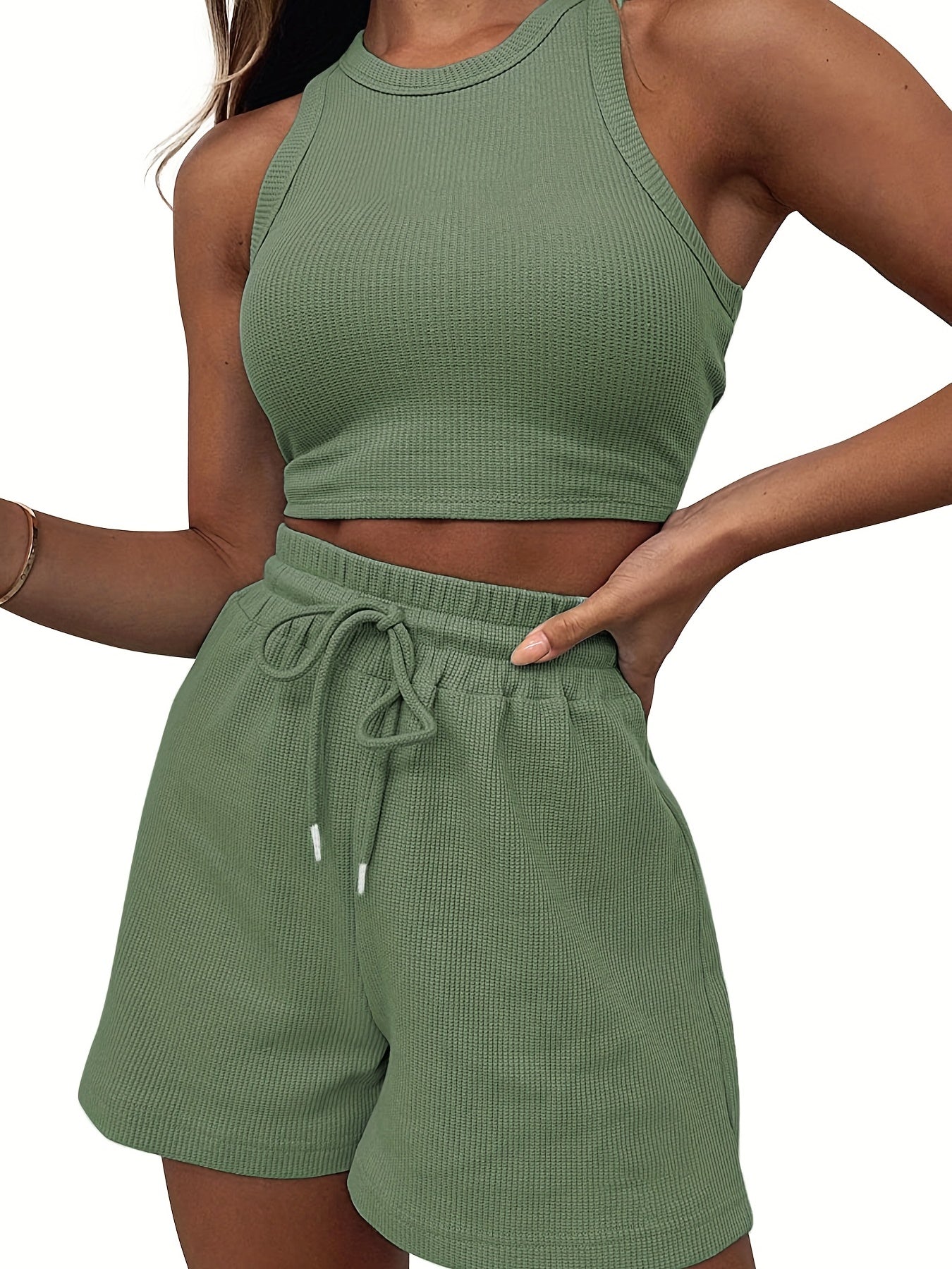 2-Piece Women's Casual Sportswear Set - Comfy Ribbed-Knit Crop Top & Adjustable Drawstring Shorts - Versatile Sleeveless Outfit for Outdoor Activities
