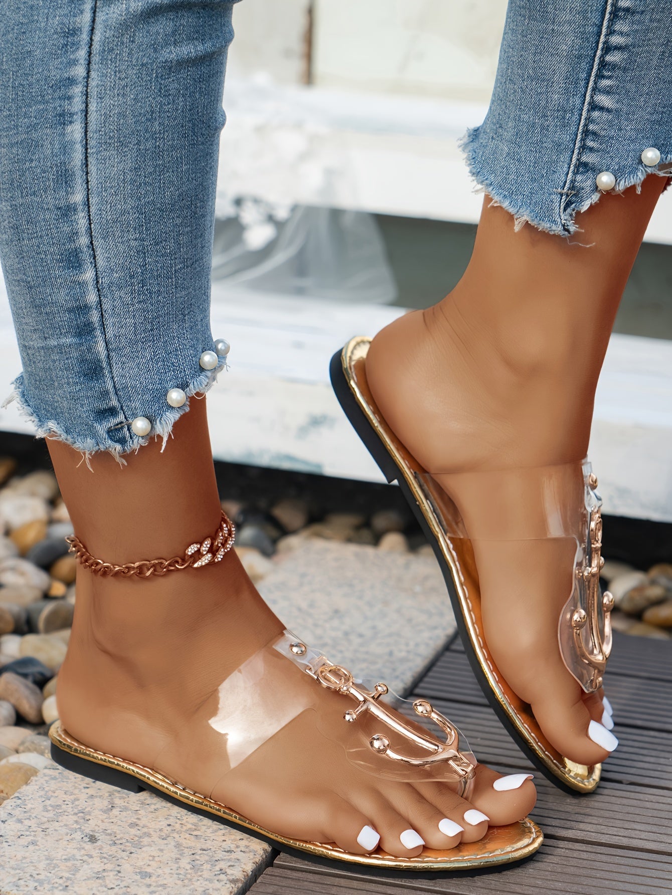 "Shimmering Accent" Chic Women'S Flat Slide Sandals With Golden Buckle - Versatile, Comfortable Tpu Sole For All Seasons Shoes For Women Sandals For Women