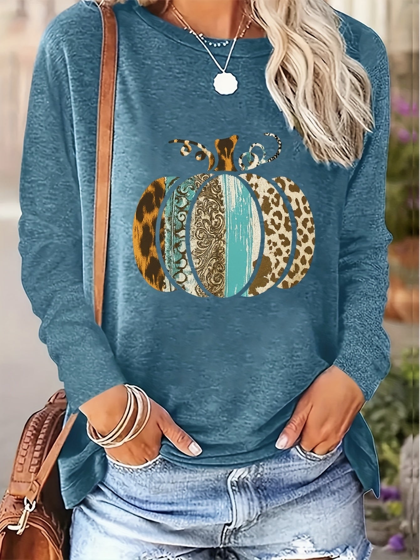 Women's Pumpkin Print Crew Neck Long Sleeve T-Shirt - Turquoise Blue & Golden Pumpkin Patch Design with Leopard Spot Accent, Casual Fall/Spring Top (Sizes S-2XL) | Pumpkin Season Outfits, Jeans Pairing, Machine Washable Layer