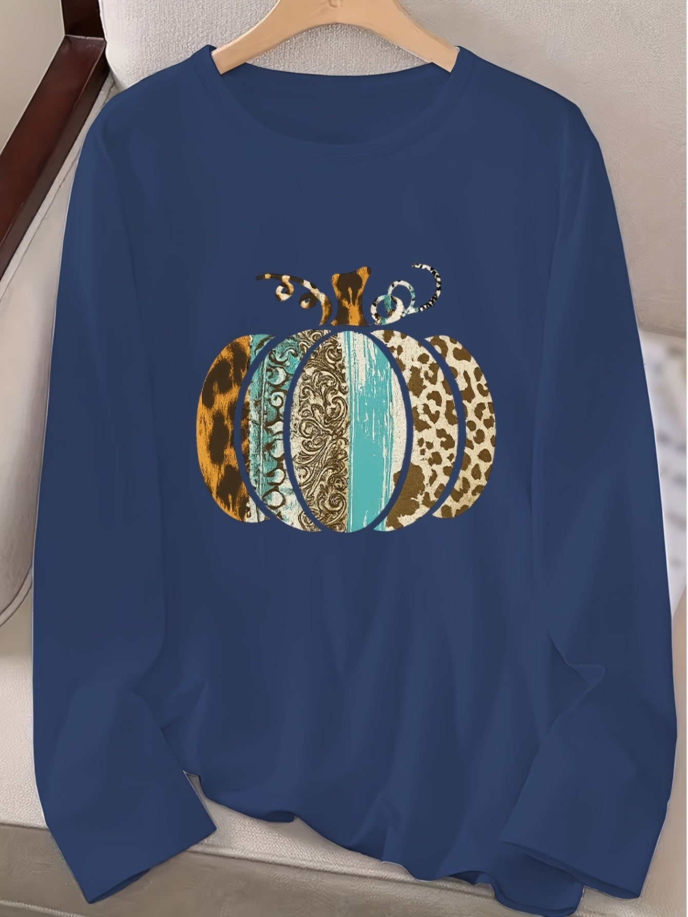Women's Pumpkin Print Crew Neck Long Sleeve T-Shirt - Turquoise Blue & Golden Pumpkin Patch Design with Leopard Spot Accent, Casual Fall/Spring Top (Sizes S-2XL) | Pumpkin Season Outfits, Jeans Pairing, Machine Washable Layer