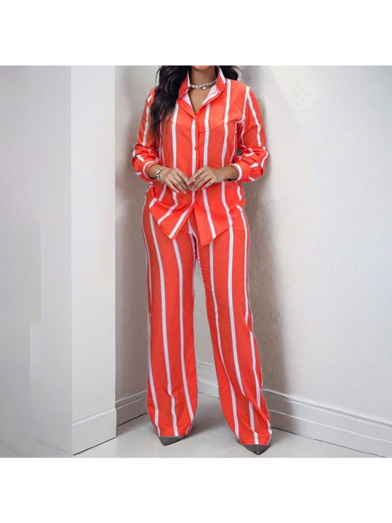 Spring New European and American Women'S Printed Striped Shirt Top Pants Set for Women, Spring Fashion, Summer Wardrobe, Striped Design, Trendy Set, Quality Stitching, Comfortable Fit, Women'S Pantsuit, Ladie Trouser Suit For