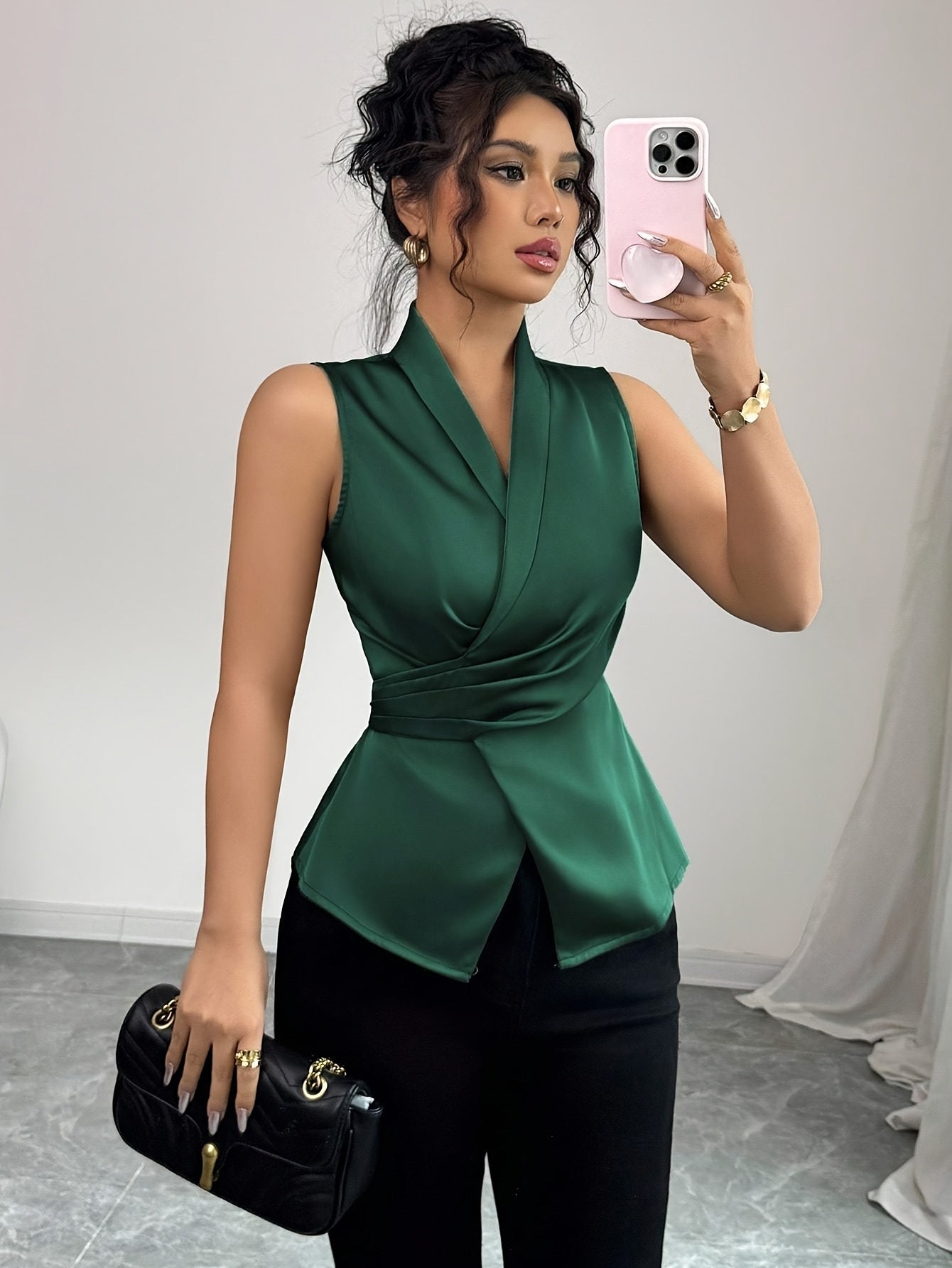 Women's Elegant Sleeveless Blouse with Adjustable Waist Tie Belt - Solid Green () Office to Party Shirt, Structured Collar & Back Closure, Machine Washable Non-Stretch Top for Spring Summer Fall Casual & Formal Wear, Womens T