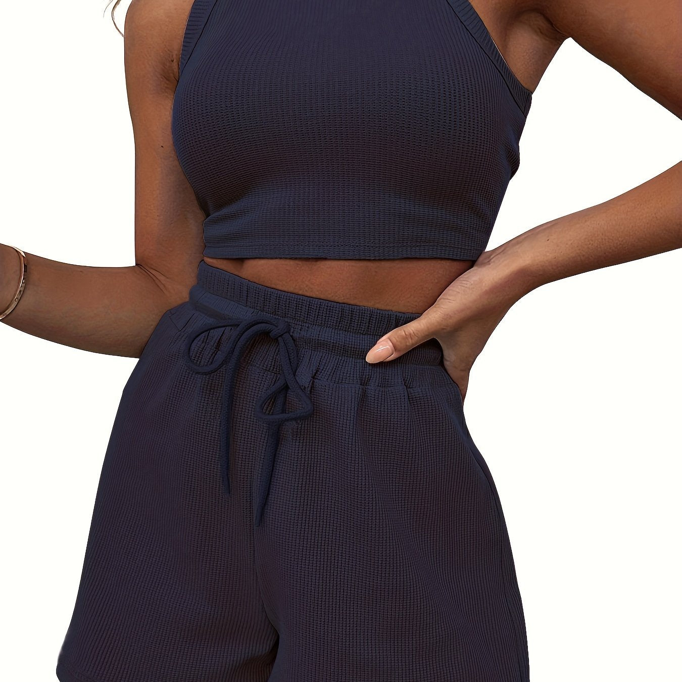 2-Piece Women's Casual Sportswear Set - Comfy Ribbed-Knit Crop Top & Adjustable Drawstring Shorts - Versatile Sleeveless Outfit for Outdoor Activities