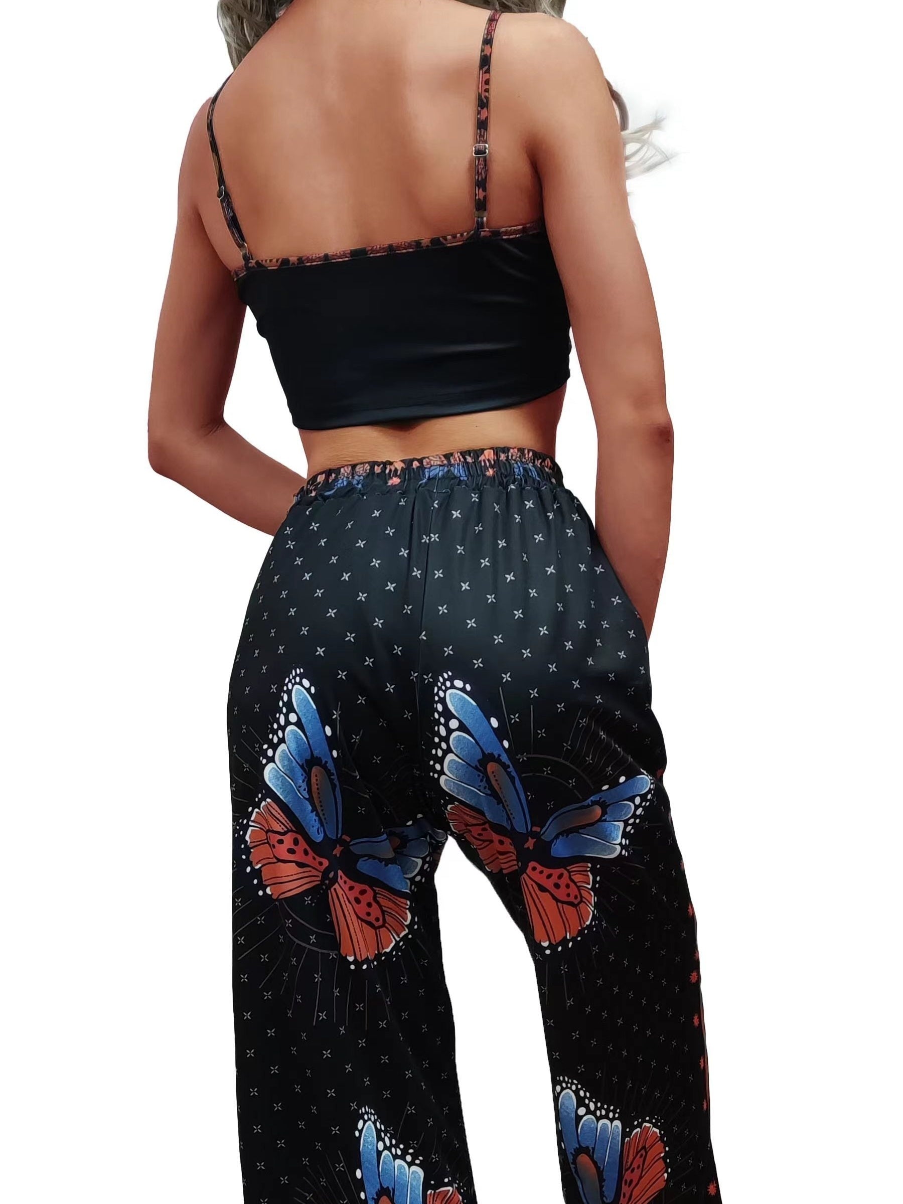 two-piece Sexy Butterfly Print Halter Top & Wide Leg Pants Set, Women's Crop Top and Pants Outfit