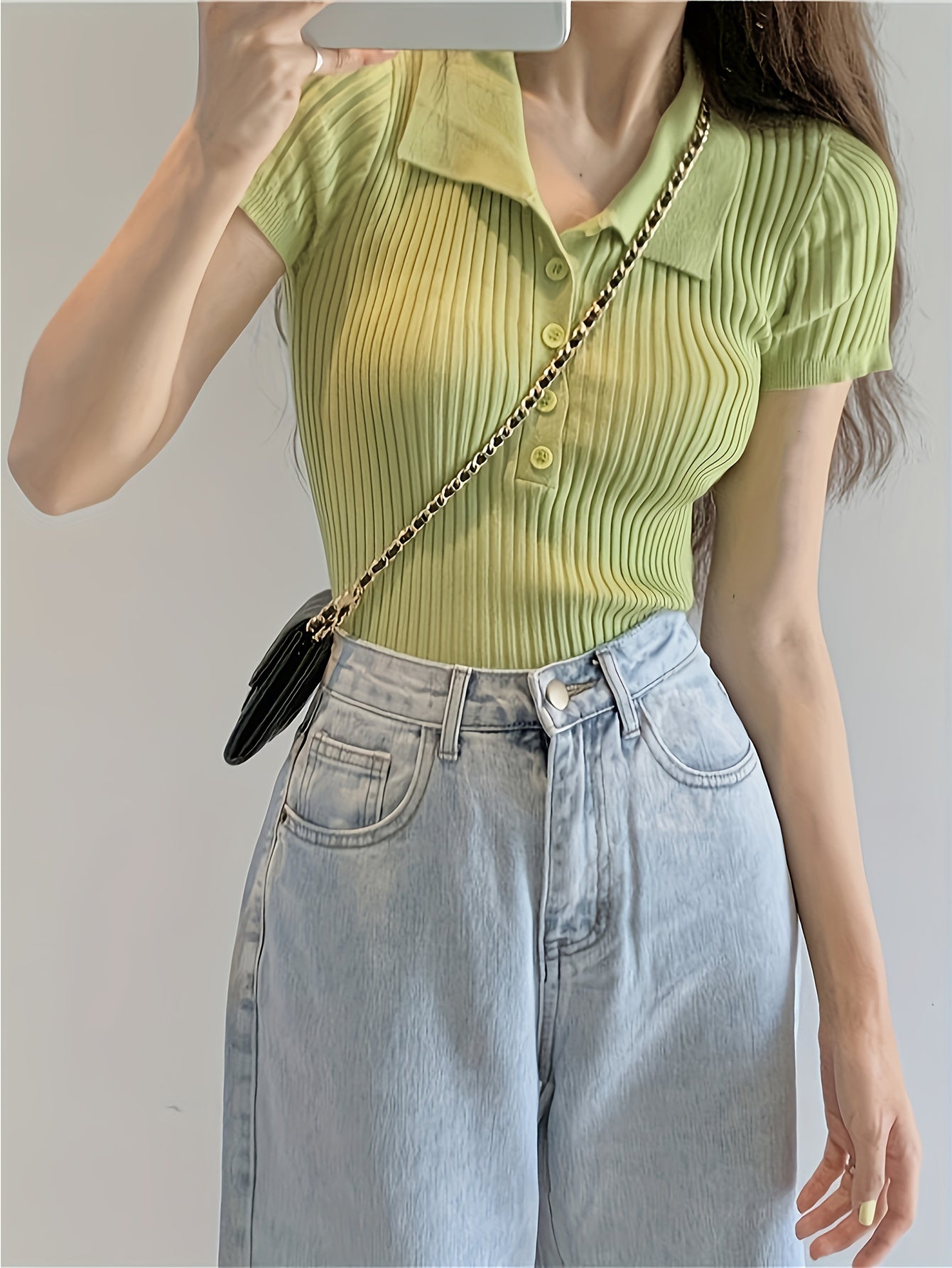 Women'S Summer Viscose Polo Shirt, Casual Solid Color Knit Fabric, High Stretch, Short Crop Top with Button Detail, 27% Polyester 27% Viscose 5% Spandex