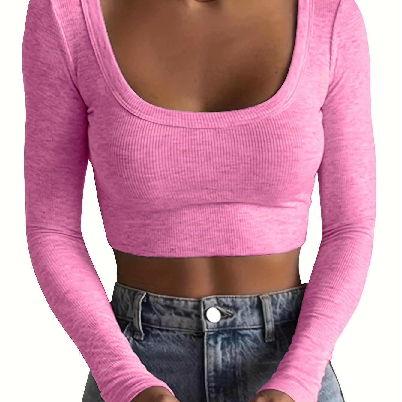 All-Season Chic Scoop Neck Crop Top – Slim & Stylish Long Sleeve, Solid Color, Easy-Care Rib-Knit Tee for Women