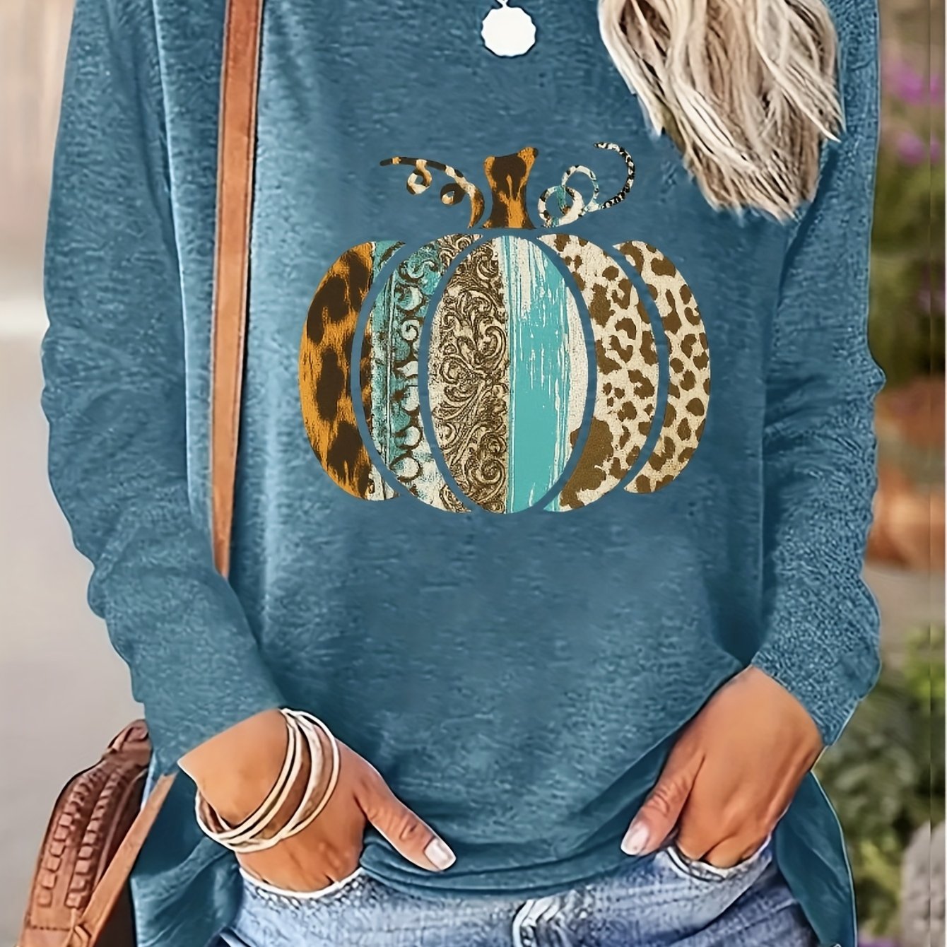 Women's Pumpkin Print Crew Neck Long Sleeve T-Shirt - Turquoise Blue & Golden Pumpkin Patch Design with Leopard Spot Accent, Casual Fall/Spring Top (Sizes S-2XL) | Pumpkin Season Outfits, Jeans Pairing, Machine Washable Layer