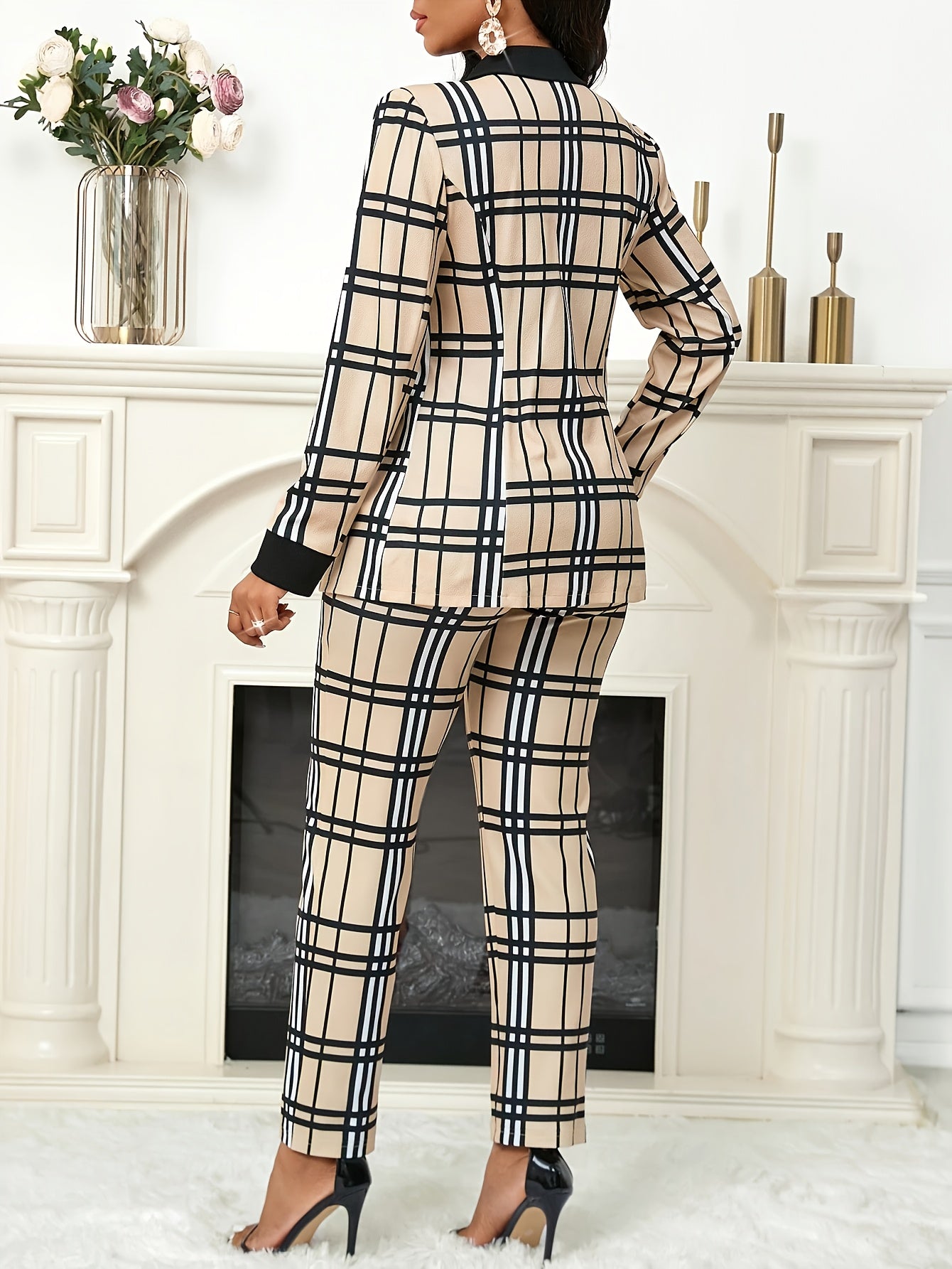 Women's Suit Set with Plaid Print and Black Collar Jacket, Pants - Autumn/Winter Work & Party Outfit, Two Piece Suits for Women, Suits for Women, Trouser Suits for Women, Formal Attire, Office Wear, Stylish Suitcase, Durable