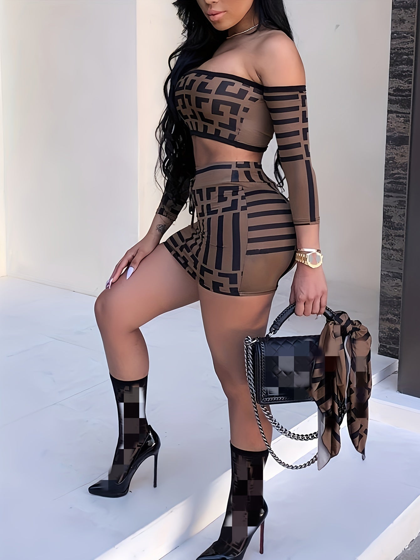 Sexy Geo Print Two-piece Skirt Set, Off Shoulder Crop Top & Drawstring Skirt Outfits, Women's Clothing