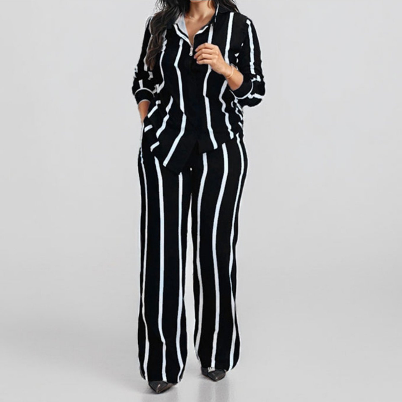 Spring New European and American Women'S Printed Striped Shirt Top Pants Set for Women, Spring Fashion, Summer Wardrobe, Striped Design, Trendy Set, Quality Stitching, Comfortable Fit, Women'S Pantsuit, Ladie Trouser Suit For