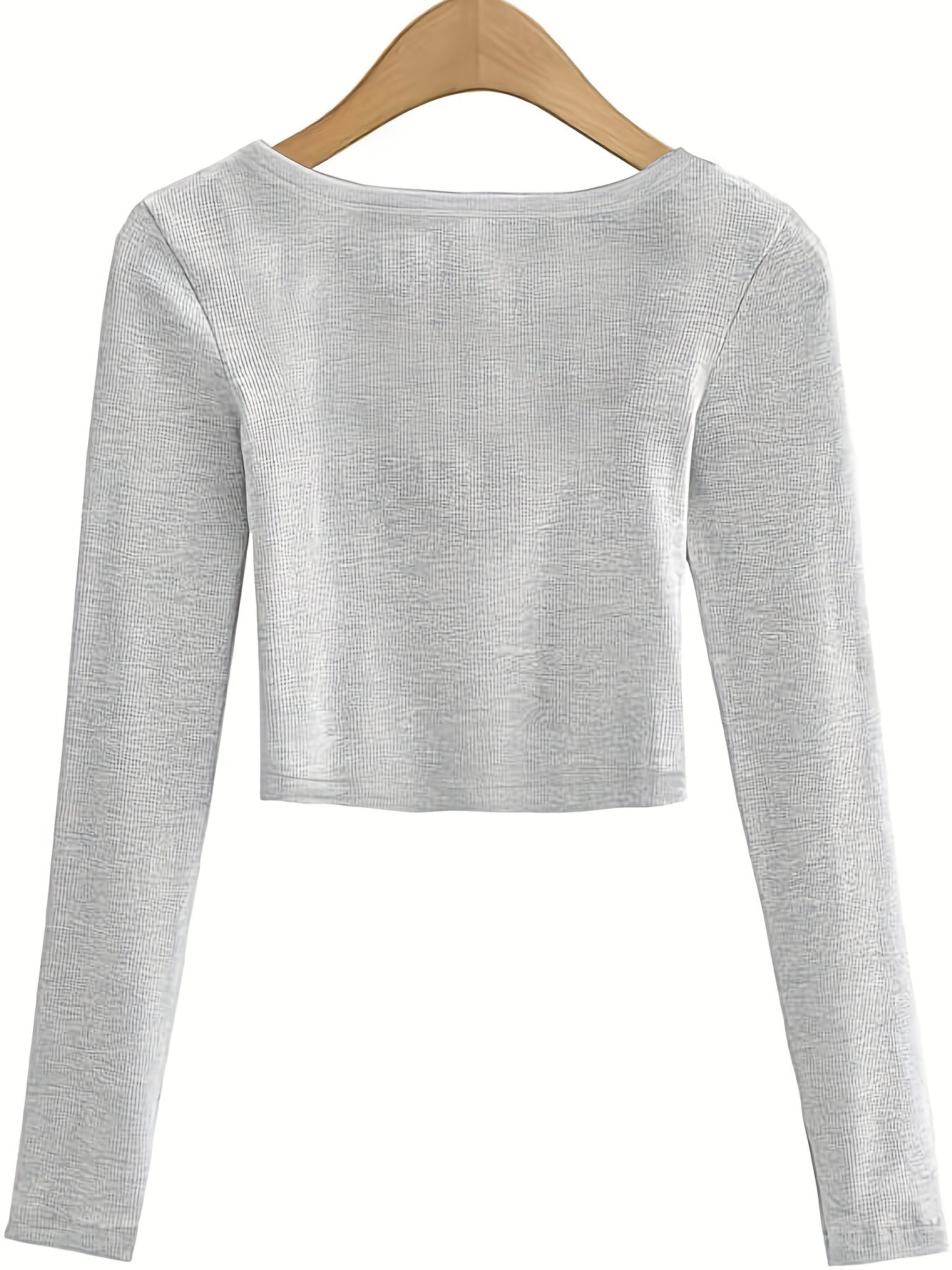 All-Season Chic Scoop Neck Crop Top – Slim & Stylish Long Sleeve, Solid Color, Easy-Care Rib-Knit Tee for Women