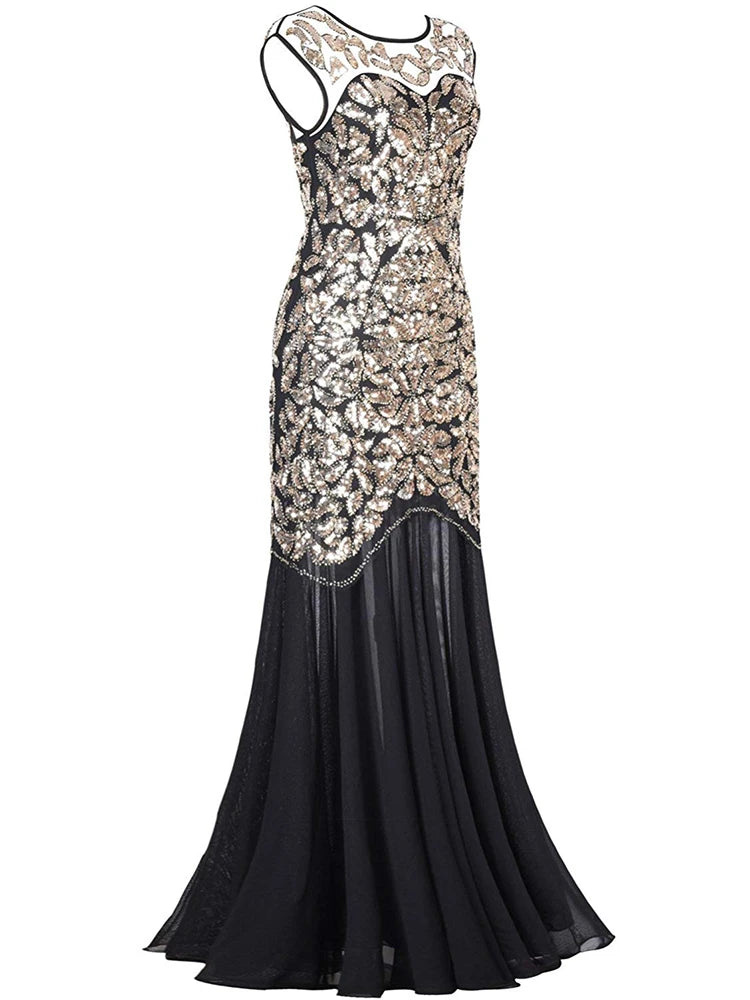 Vestidos Vintage Mujer Sequins Beading Long Evening Dresses Formal Round Neck Lace Long Sexy Women Party Special Occasion