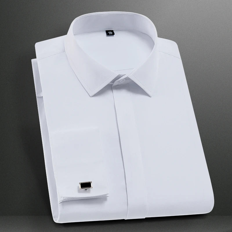 Lynett Lamar Men's French Cuff Tuxedo Dress Shirt — Covered Placket Long Sleeve with Cufflinks