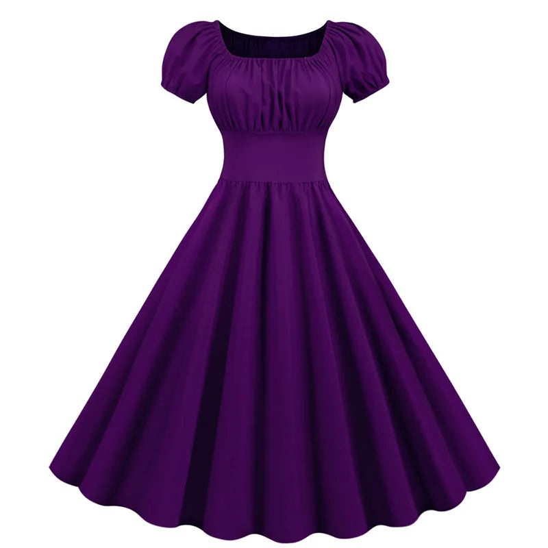 Women Vintage Dress Robe Elegant Party  Casual Office Midi Dress Femme Summer Puff Sleeve Square Collar Solid Red