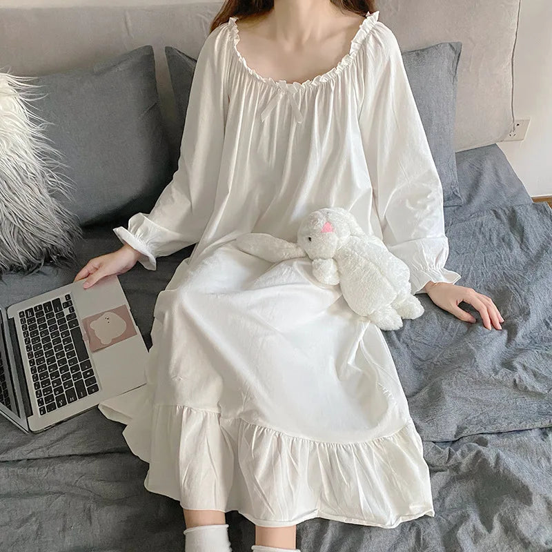 Spring Autumn Women's Sleepwear Night Dress Cotton Mesh Long Sleeve Home Wear Clothes Ladies Night Sleep Shirts Nightgown Woman