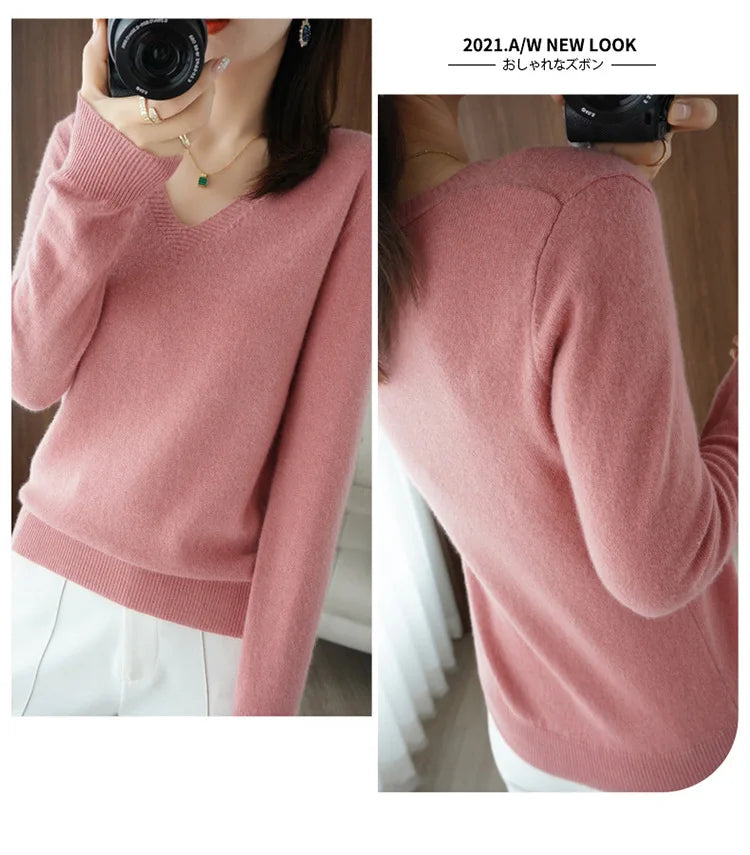 Women's Sweater 2025 Autumn Winter Knitted Pullovers V-neck Slim Fit Bottoming Shirt Solid Soft Knitwear Jumpers Basic Sweaters