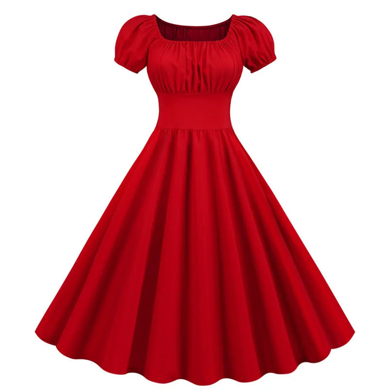 Women Vintage Dress Robe Elegant Party  Casual Office Midi Dress Femme Summer Puff Sleeve Square Collar Solid Red