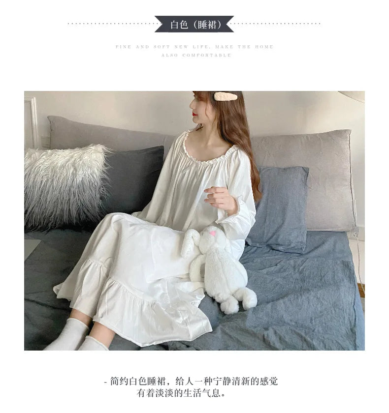 Spring Autumn Women's Sleepwear Night Dress Cotton Mesh Long Sleeve Home Wear Clothes Ladies Night Sleep Shirts Nightgown Woman