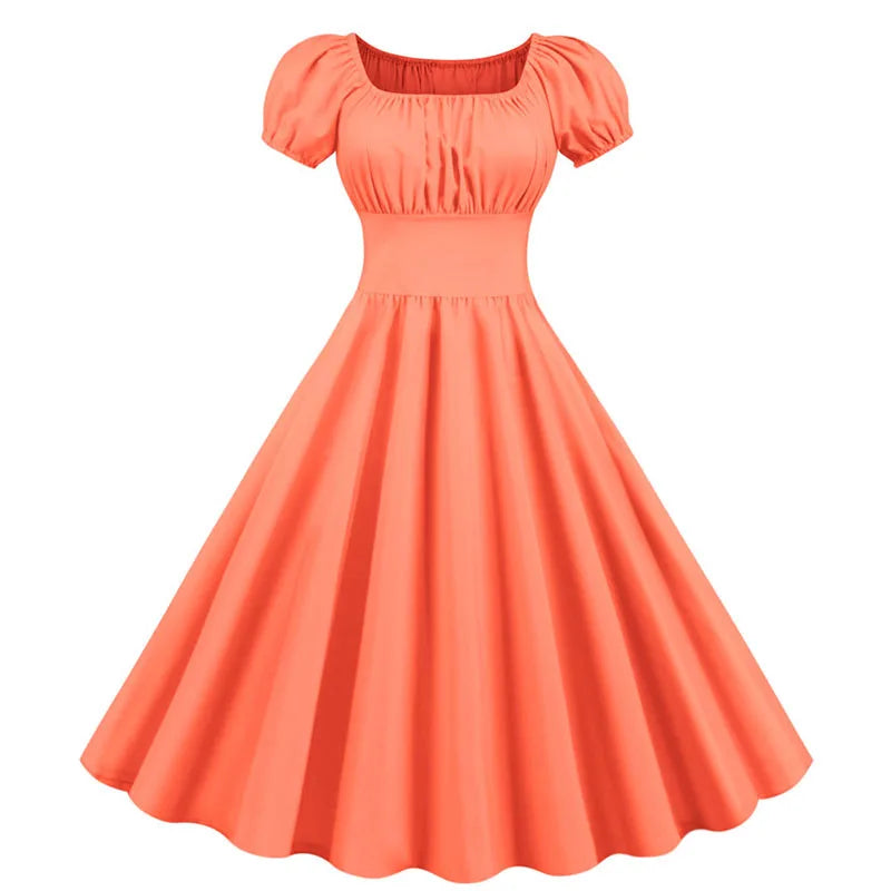 Women Vintage Dress Robe Elegant Party  Casual Office Midi Dress Femme Summer Puff Sleeve Square Collar Solid Red