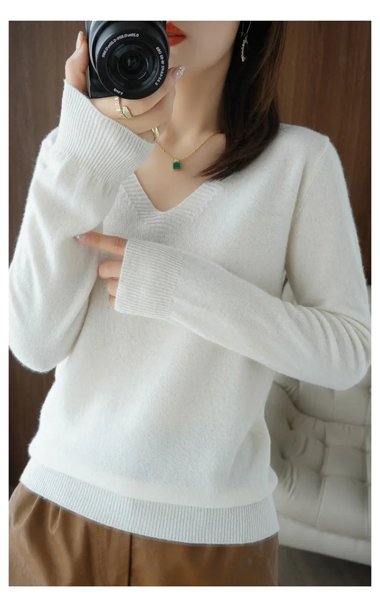 Women's Sweater 2025 Autumn Winter Knitted Pullovers V-neck Slim Fit Bottoming Shirt Solid Soft Knitwear Jumpers Basic Sweaters